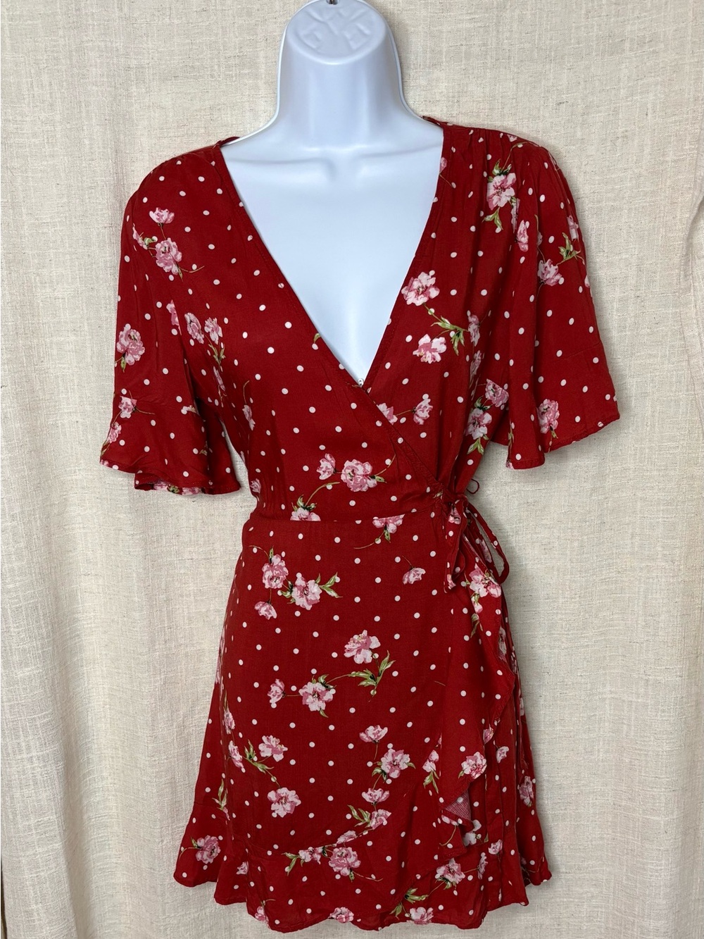 Show Me Your Mumu Matilda Red Floral Polka Dot Wrap Mini Dress Small